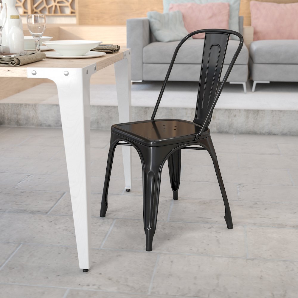 Commercial Grade Black Metal Indoor-Outdoor Stackable Chair. Picture 9