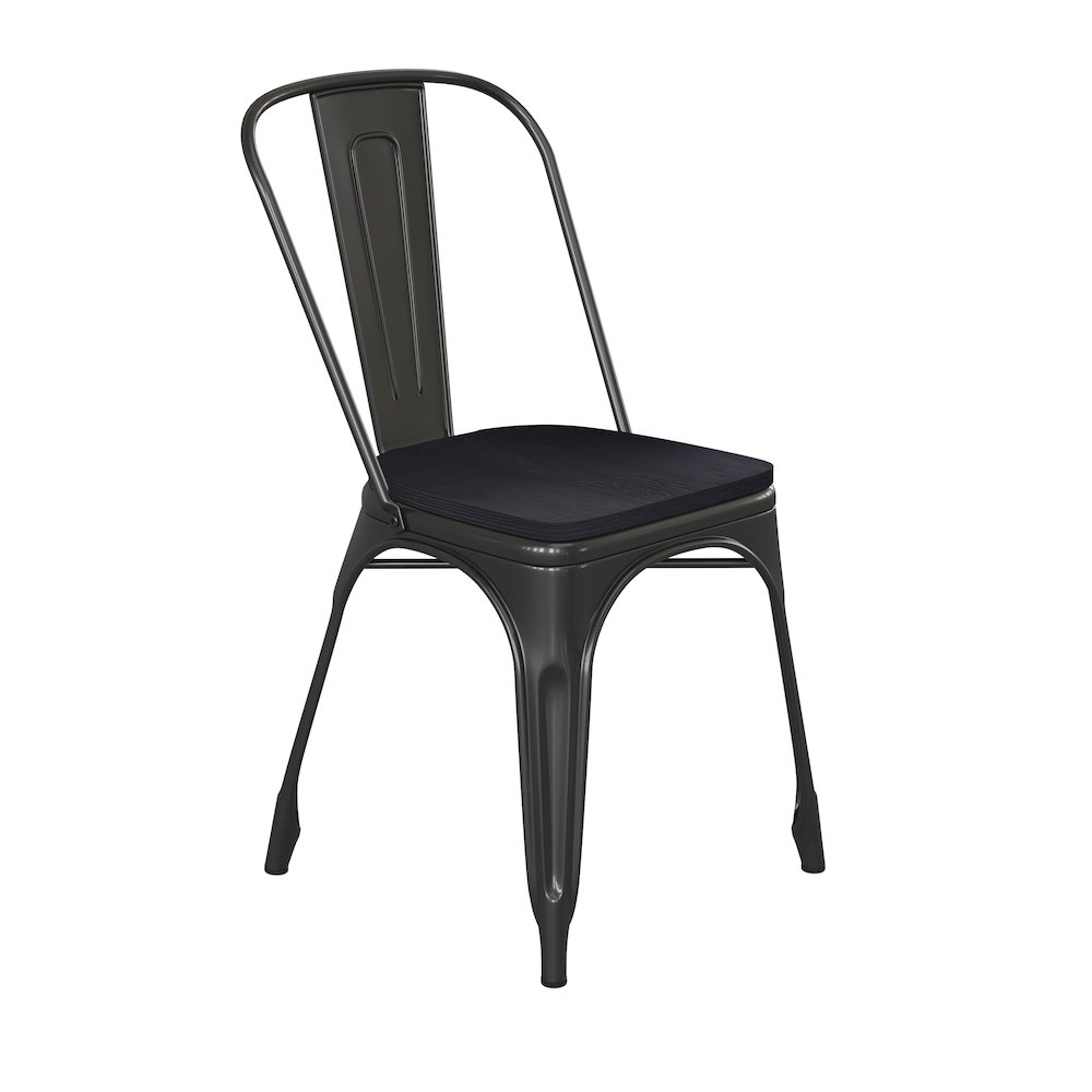 Black Metal Indoor-Outdoor Stackable Chair with Black Poly Resin Wood Seat. Picture 1
