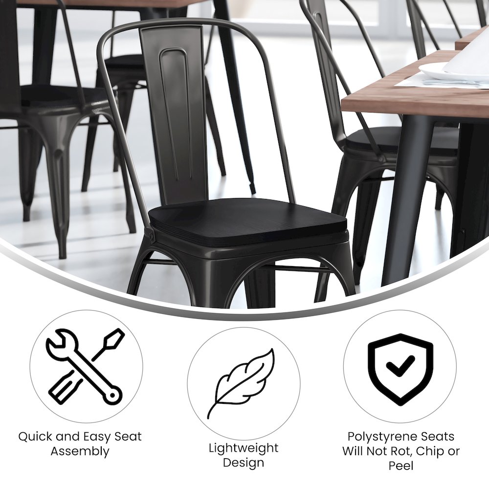 Black Metal Indoor-Outdoor Stackable Chair with Black Poly Resin Wood Seat. Picture 4