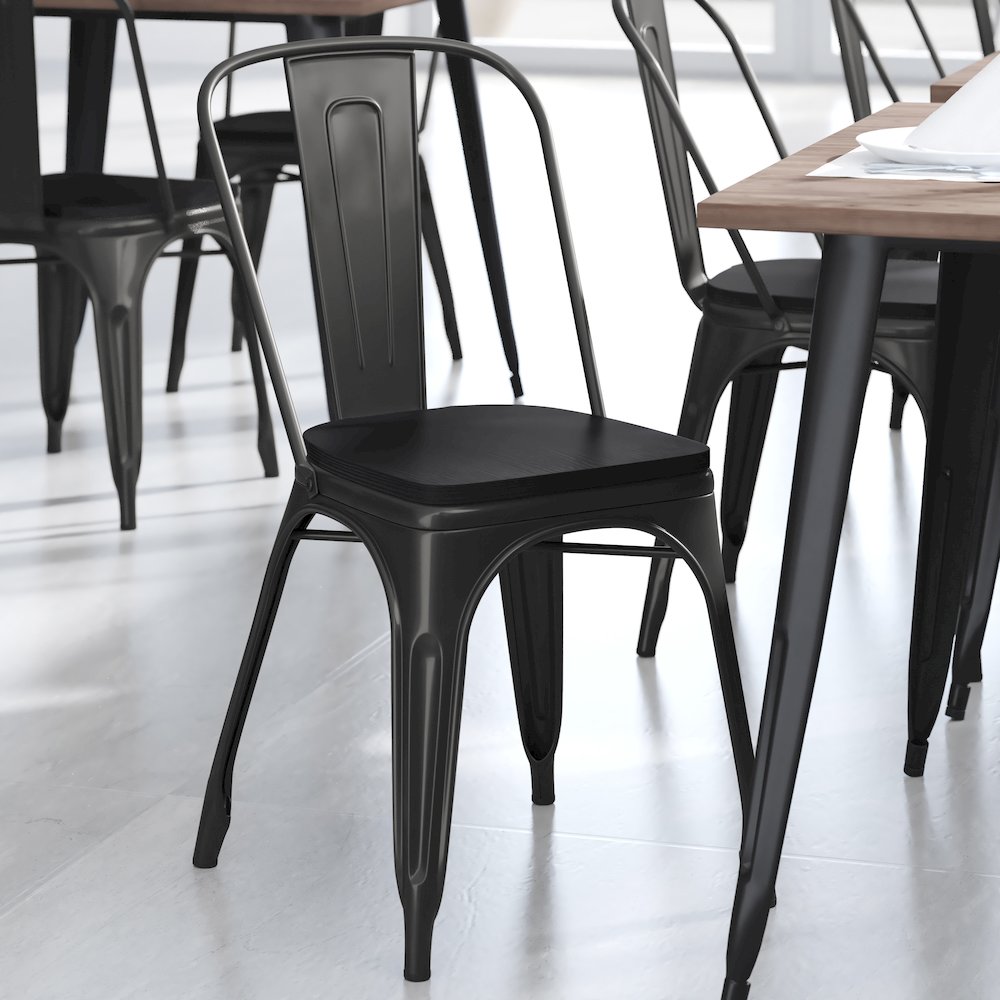 Black Metal Indoor-Outdoor Stackable Chair with Black Poly Resin Wood Seat. Picture 7