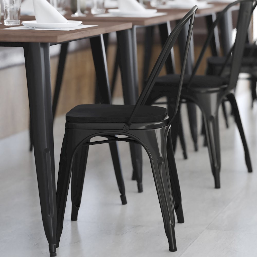 Black Metal Indoor-Outdoor Stackable Chair with Black Poly Resin Wood Seat. Picture 8