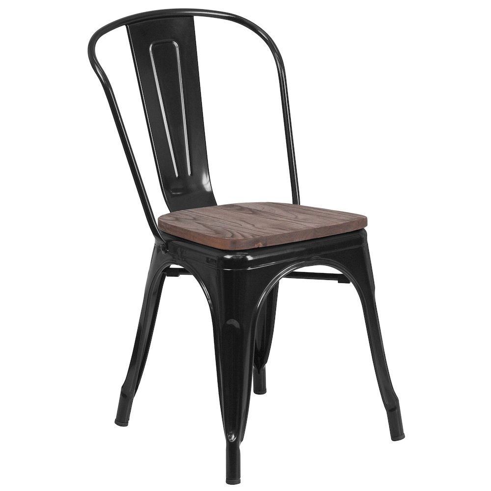 Black Metal Stackable Chair with Wood Seat. Picture 1