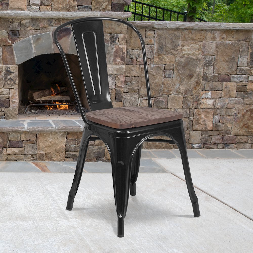 Black Metal Stackable Chair with Wood Seat. Picture 6