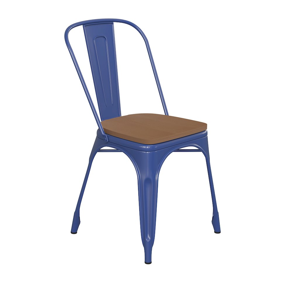 Blue Metal Indoor-Outdoor Stackable Chair with Teak Poly Resin Wood Seat. Picture 1