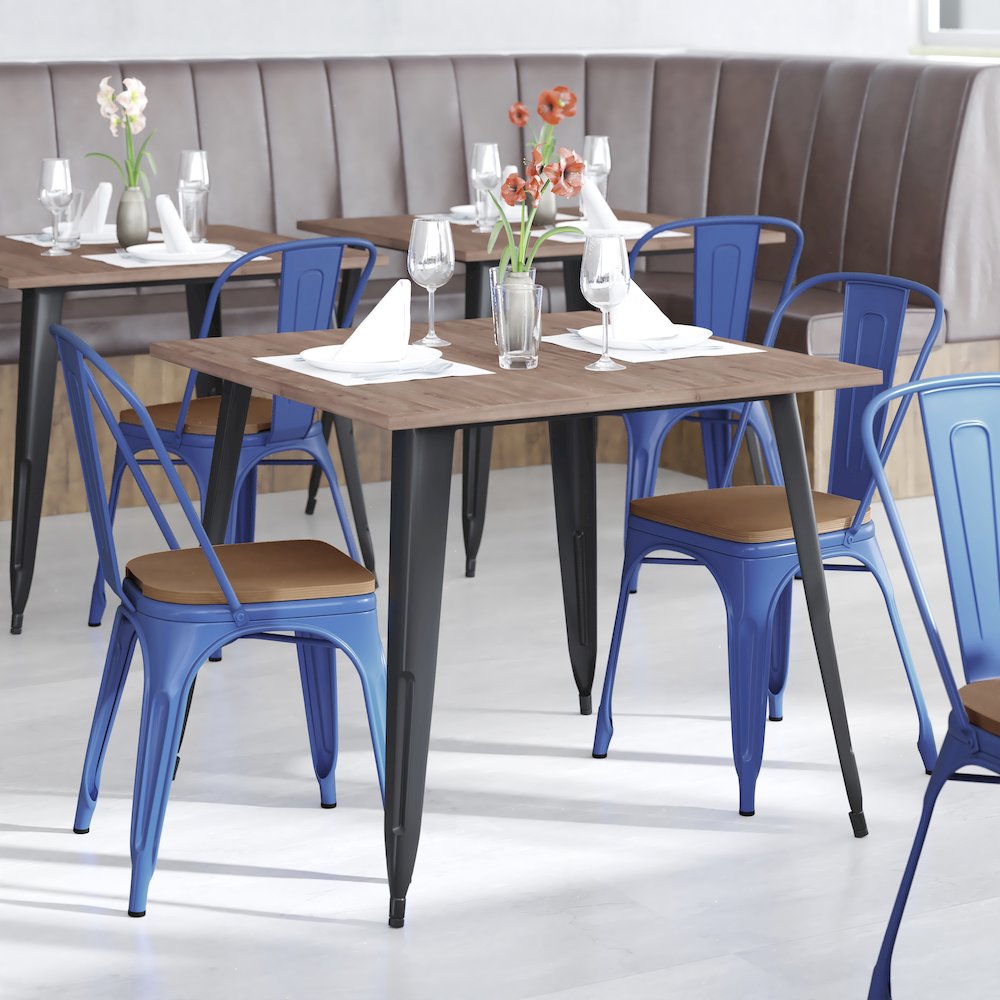 Blue Metal Indoor-Outdoor Stackable Chair with Teak Poly Resin Wood Seat. Picture 2