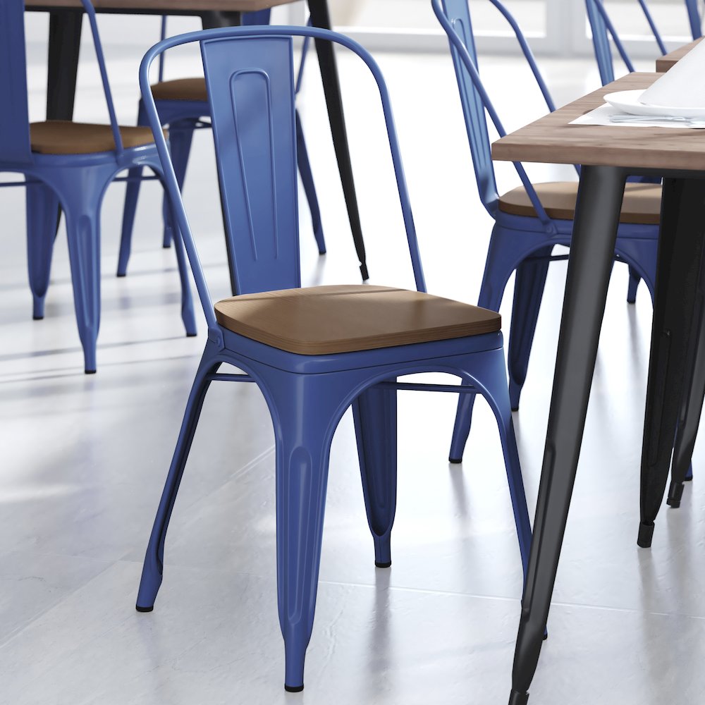 Blue Metal Indoor-Outdoor Stackable Chair with Teak Poly Resin Wood Seat. Picture 7