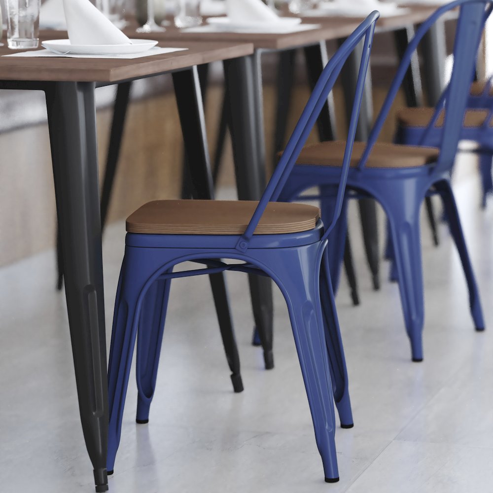 Blue Metal Indoor-Outdoor Stackable Chair with Teak Poly Resin Wood Seat. Picture 8