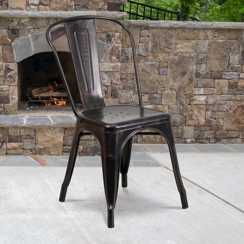 Commercial Grade Black-Antique Gold Metal Indoor-Outdoor Stackable Chair. Picture 2