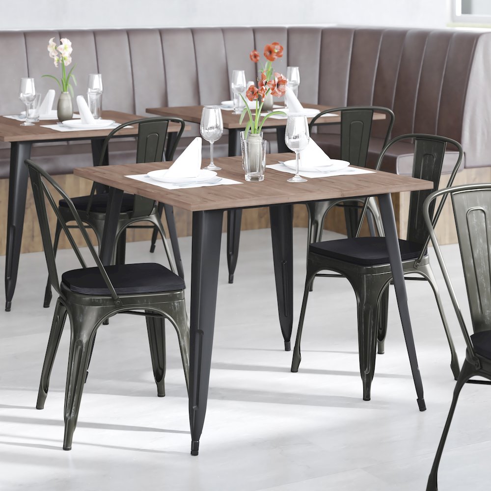 Black-Antique Gold Metal Indoor-Stackable Chair with Black Poly Resin Wood Seat. Picture 2