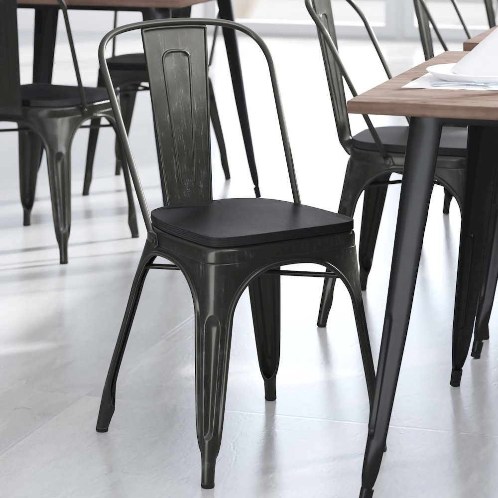 Black-Antique Gold Metal Indoor-Stackable Chair with Black Poly Resin Wood Seat. Picture 7
