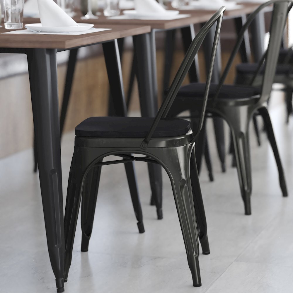 Black-Antique Gold Metal Indoor-Stackable Chair with Black Poly Resin Wood Seat. Picture 8