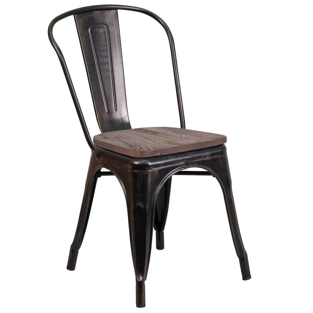 Black-Antique Gold Metal Stackable Chair with Wood Seat. Picture 1