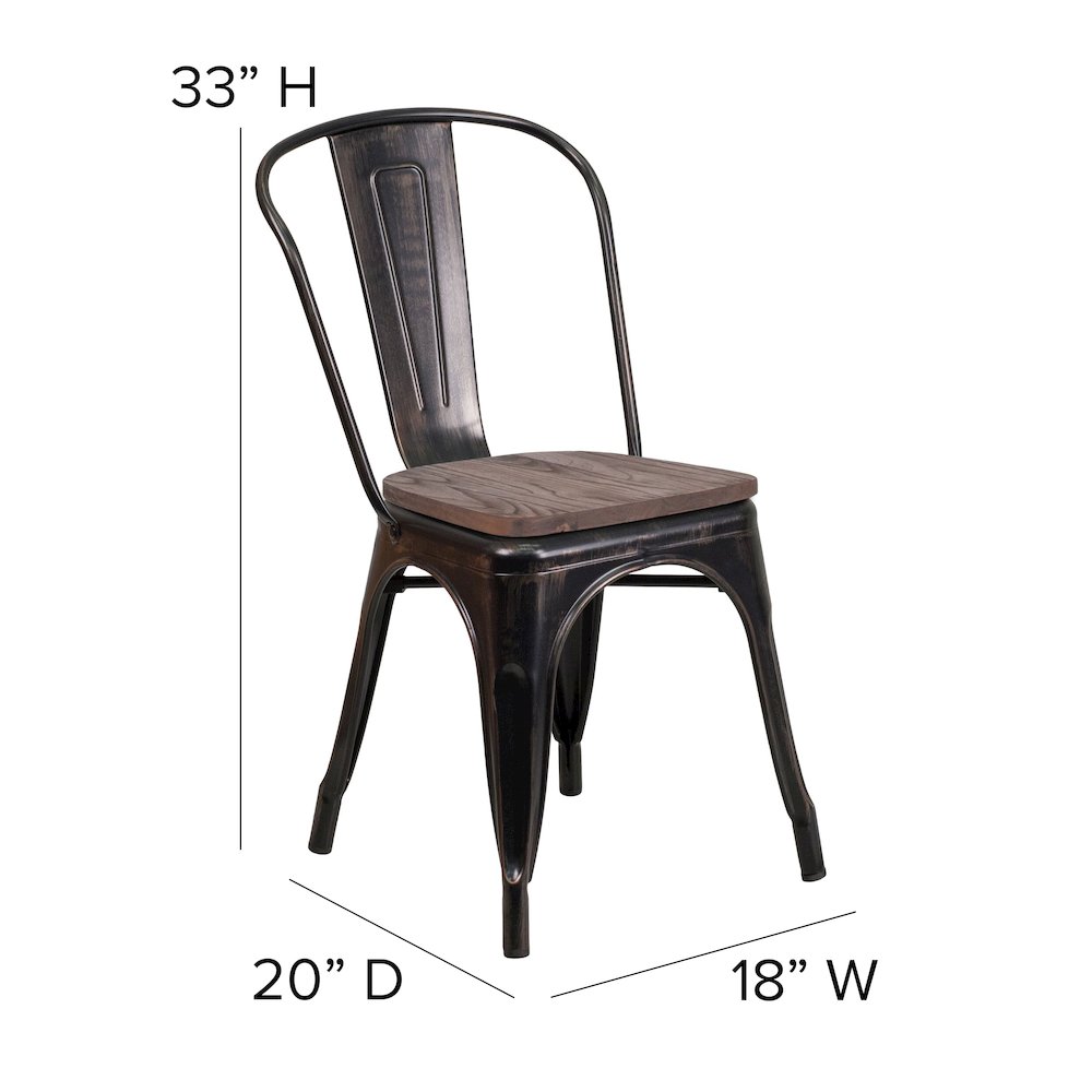 Black-Antique Gold Metal Stackable Chair with Wood Seat. Picture 2