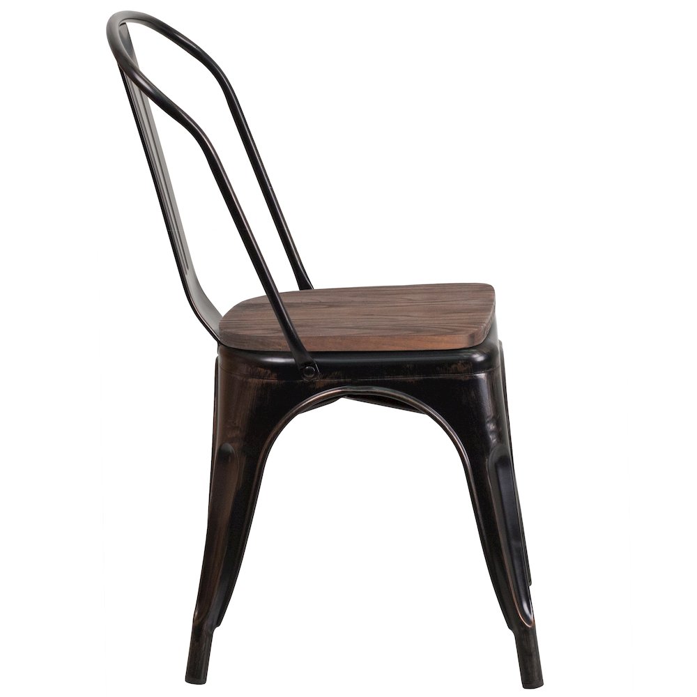 Black-Antique Gold Metal Stackable Chair with Wood Seat. Picture 3