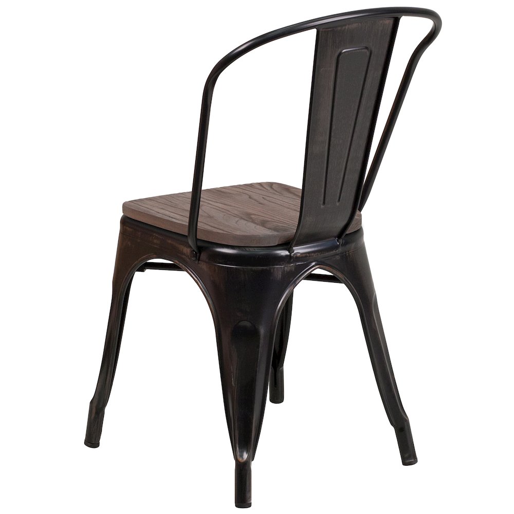 Black-Antique Gold Metal Stackable Chair with Wood Seat. Picture 4