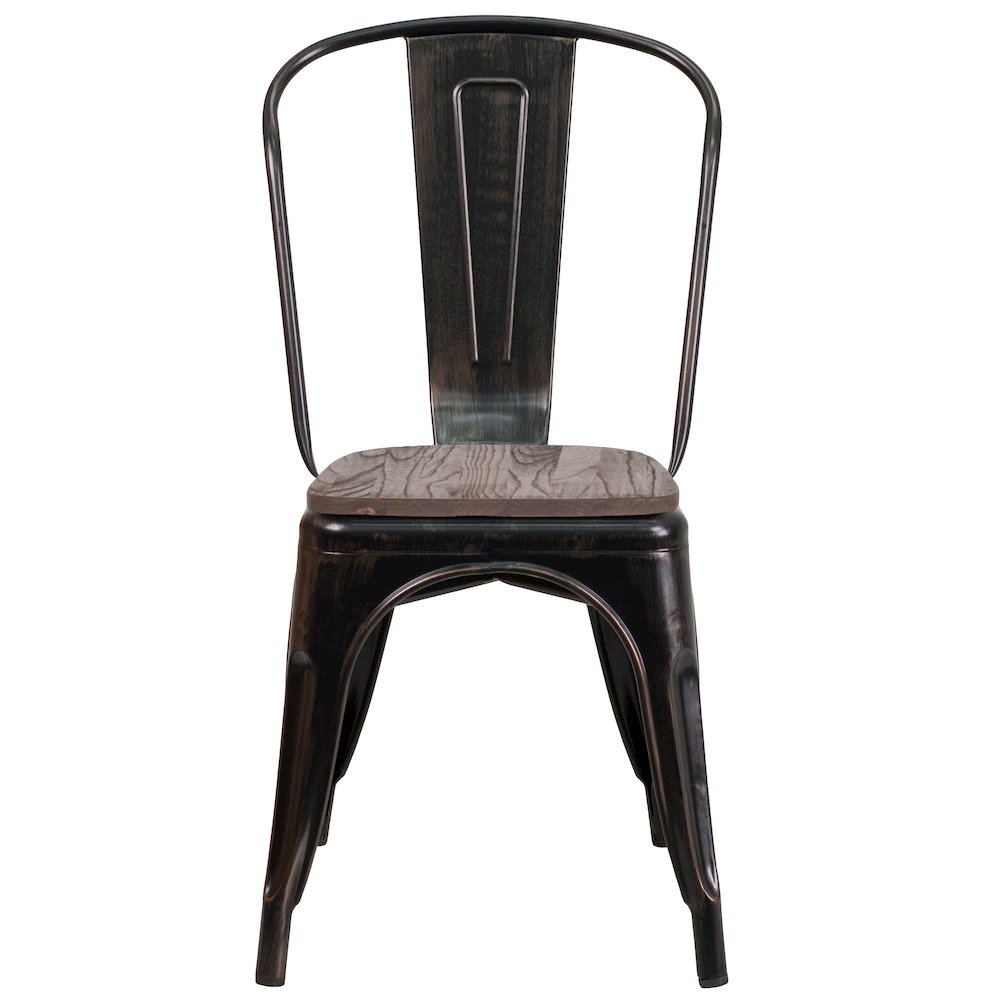Black-Antique Gold Metal Stackable Chair with Wood Seat. Picture 5