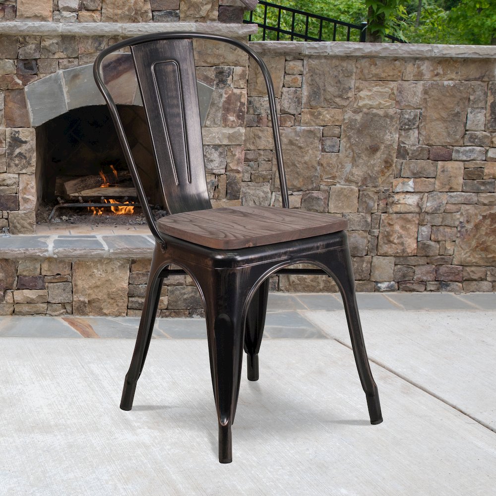 Black-Antique Gold Metal Stackable Chair with Wood Seat. Picture 6