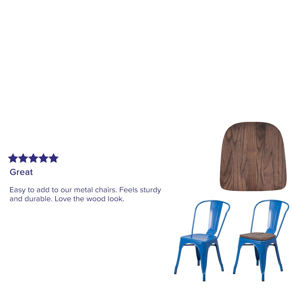 Rustic Walnut Wood Seat for Colorful Metal Chairs. Picture 3