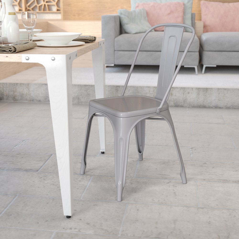 Commercial Grade Silver Metal Indoor-Outdoor Stackable Chair. Picture 9
