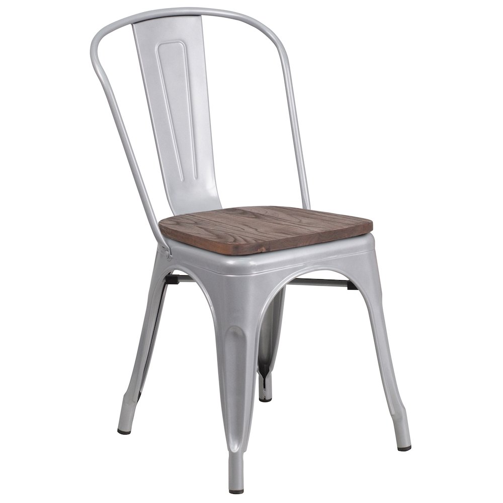 Silver Metal Stackable Chair with Wood Seat. Picture 1
