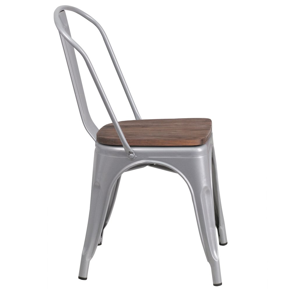Silver Metal Stackable Chair with Wood Seat. Picture 3