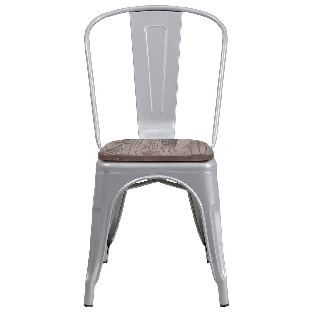 Silver Metal Stackable Chair with Wood Seat. Picture 5