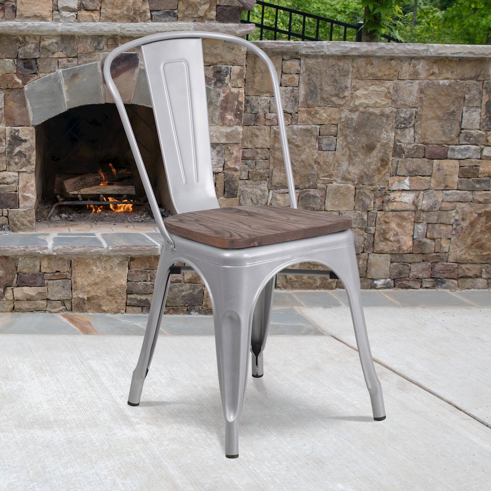 Silver Metal Stackable Chair with Wood Seat. Picture 6