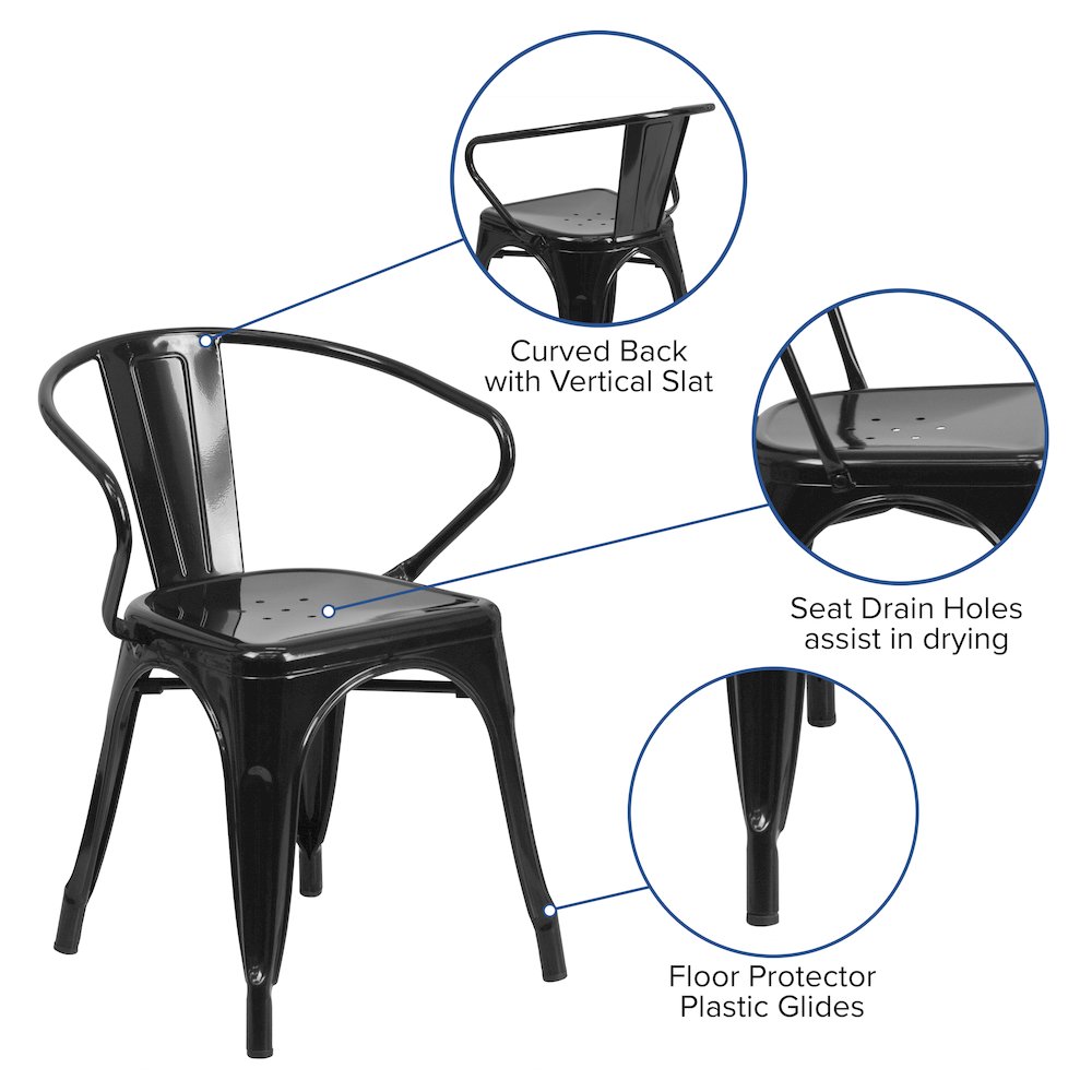 Commercial Grade Black Metal Indoor-Outdoor Chair with Arms. Picture 5