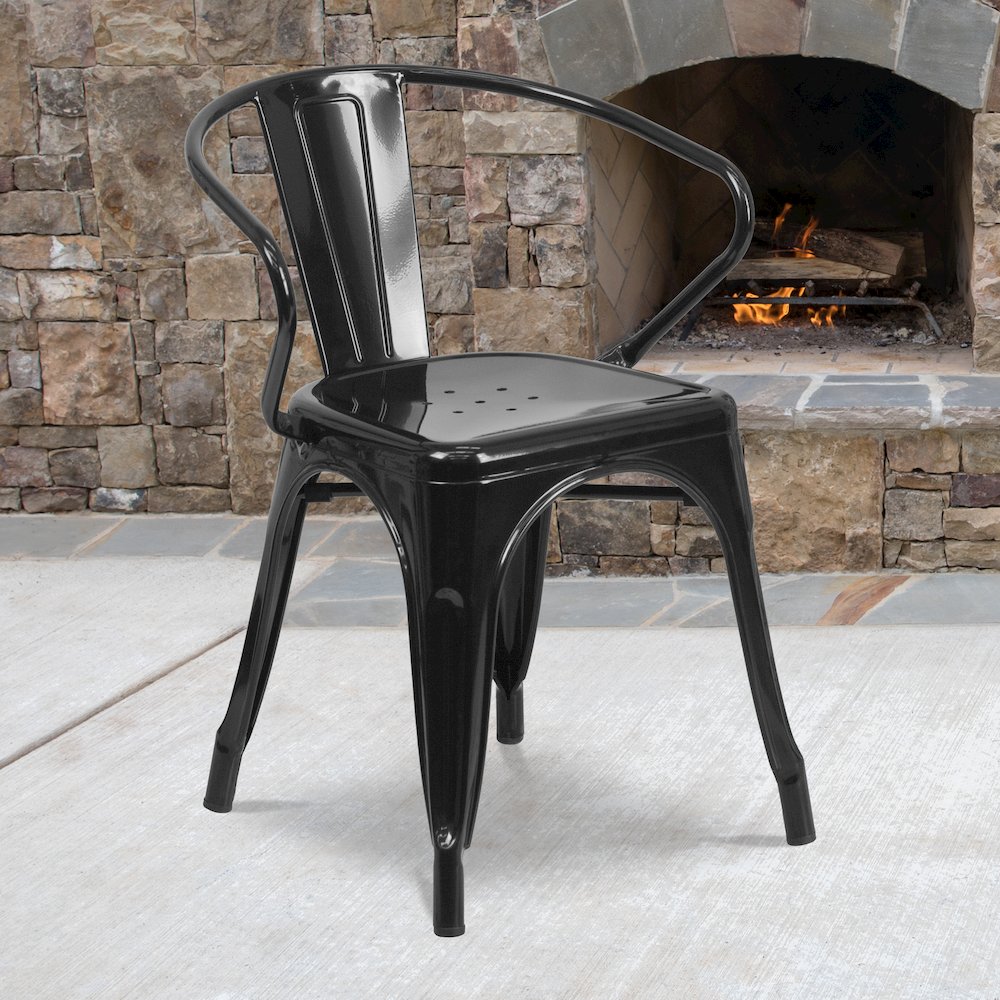 Commercial Grade Black Metal Indoor-Outdoor Chair with Arms. Picture 2