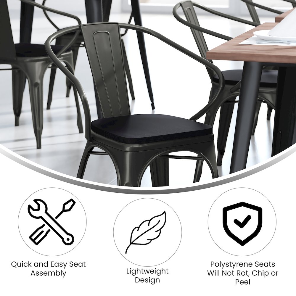 Black Metal Indoor-Outdoor Chair with Arms with Black Poly Resin Wood Seat. Picture 4