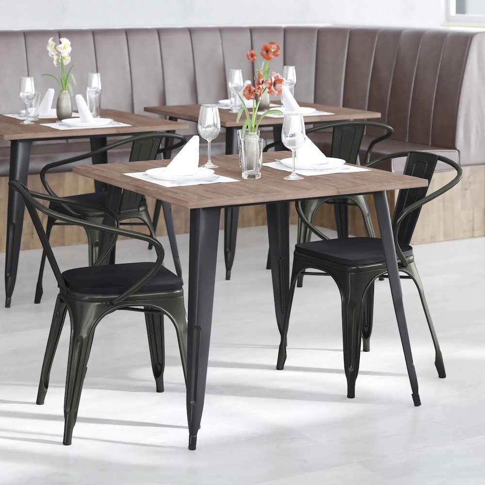 Black Metal Indoor-Outdoor Chair with Arms with Black Poly Resin Wood Seat. Picture 2