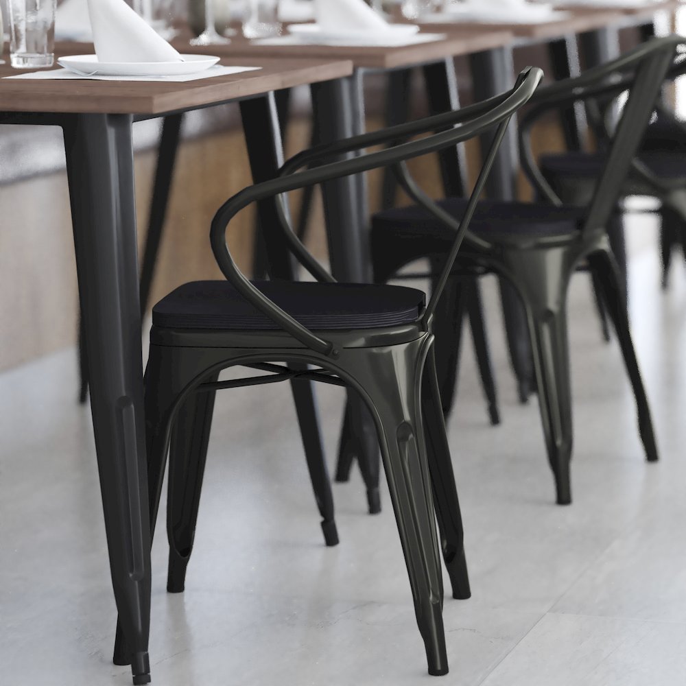 Black Metal Indoor-Outdoor Chair with Arms with Black Poly Resin Wood Seat. Picture 8