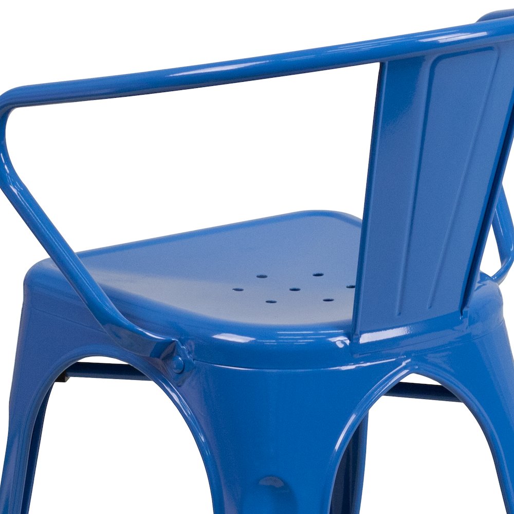 Commercial Grade Blue Metal Indoor-Outdoor Chair with Arms. Picture 11