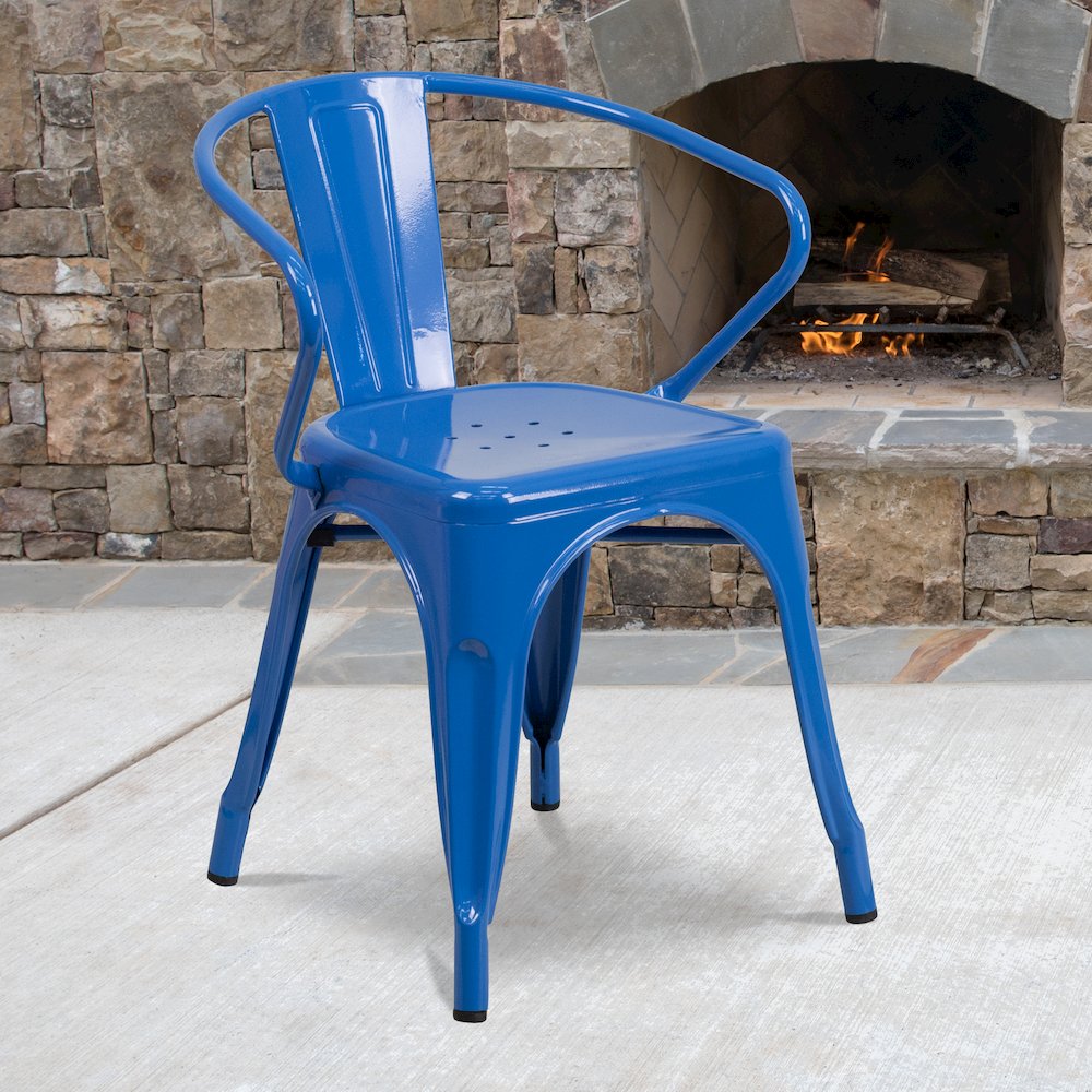 Commercial Grade Blue Metal Indoor-Outdoor Chair with Arms. Picture 2