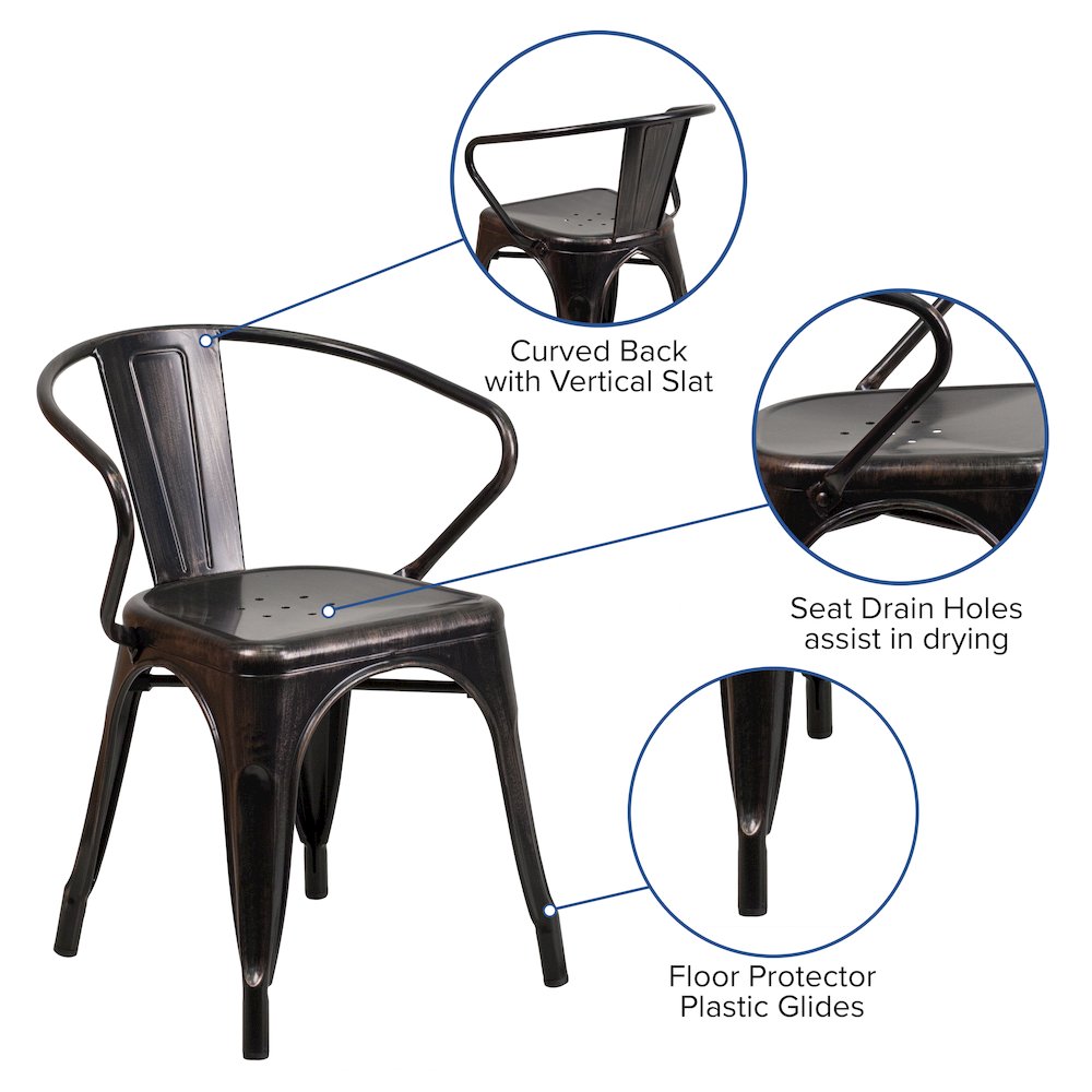 Commercial Grade Black-Antique Gold Metal Indoor-Outdoor Chair with Arms. Picture 5