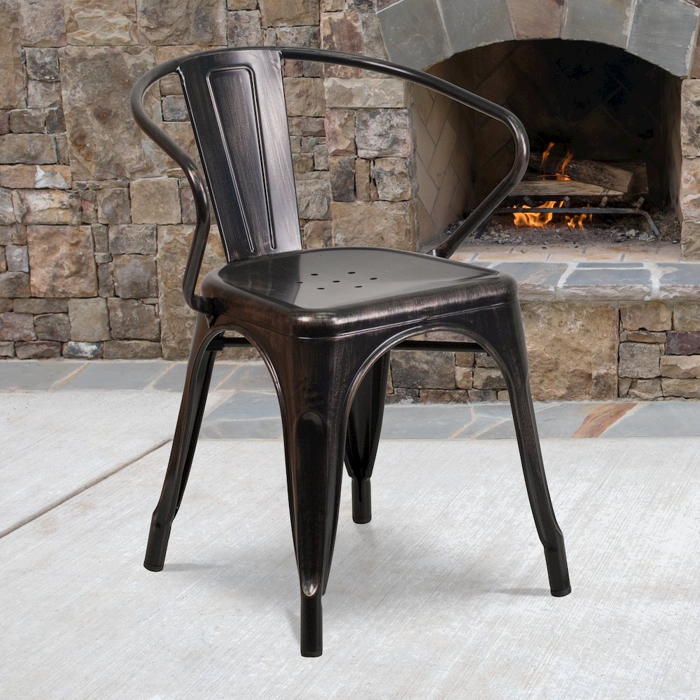 Commercial Grade Black-Antique Gold Metal Indoor-Outdoor Chair with Arms. Picture 6