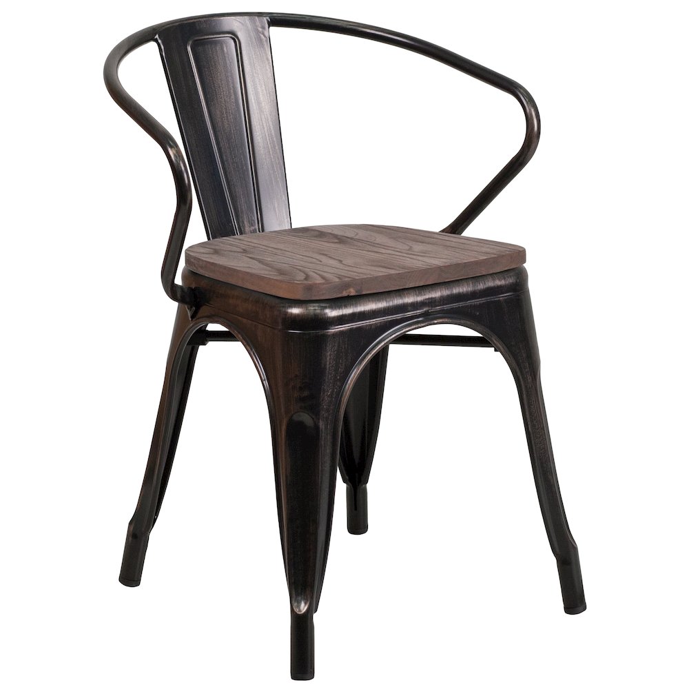 Black-Antique Gold Metal Chair with Wood Seat and Arms. Picture 1