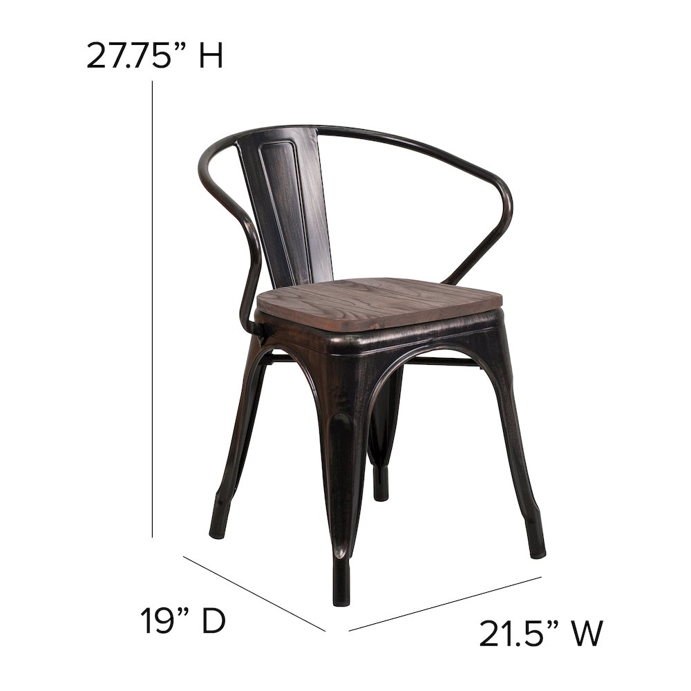 Black-Antique Gold Metal Chair with Wood Seat and Arms. Picture 6