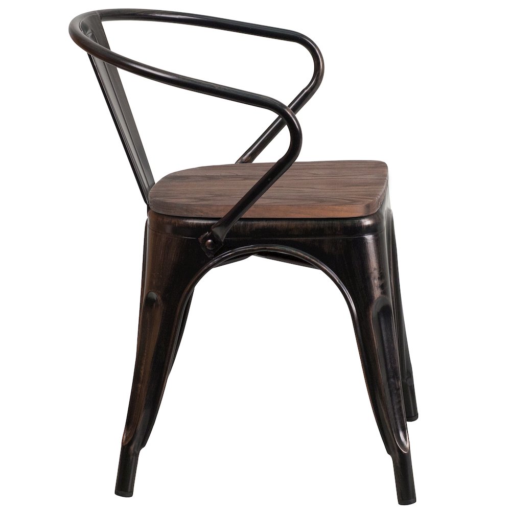 Black-Antique Gold Metal Chair with Wood Seat and Arms. Picture 9