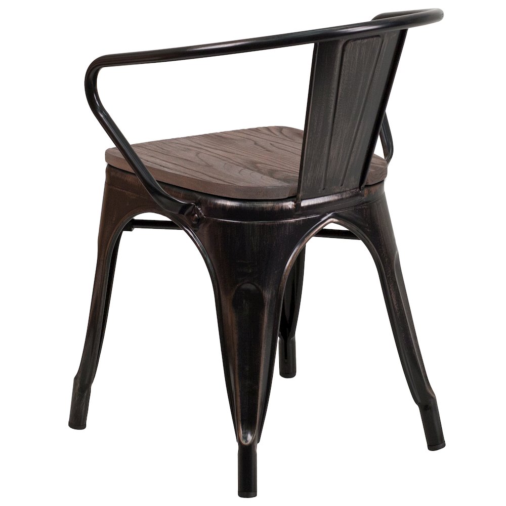 Black-Antique Gold Metal Chair with Wood Seat and Arms. Picture 7