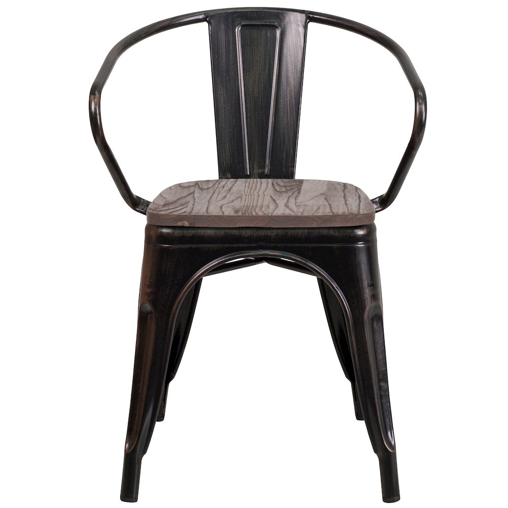 Black-Antique Gold Metal Chair with Wood Seat and Arms. Picture 10