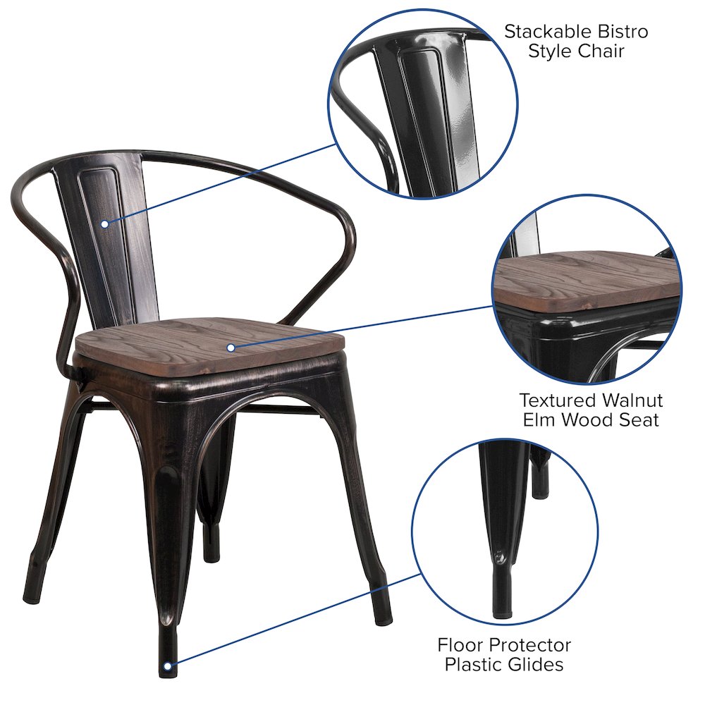 Black-Antique Gold Metal Chair with Wood Seat and Arms. Picture 5