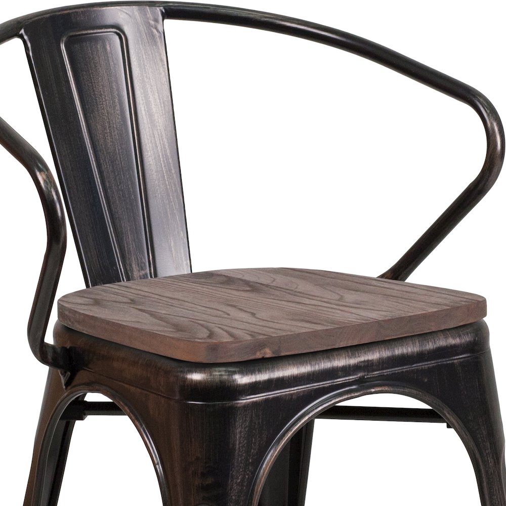 Black-Antique Gold Metal Chair with Wood Seat and Arms. Picture 11