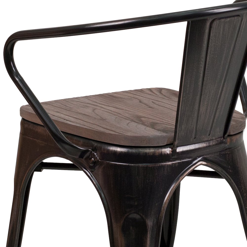 Black-Antique Gold Metal Chair with Wood Seat and Arms. Picture 8