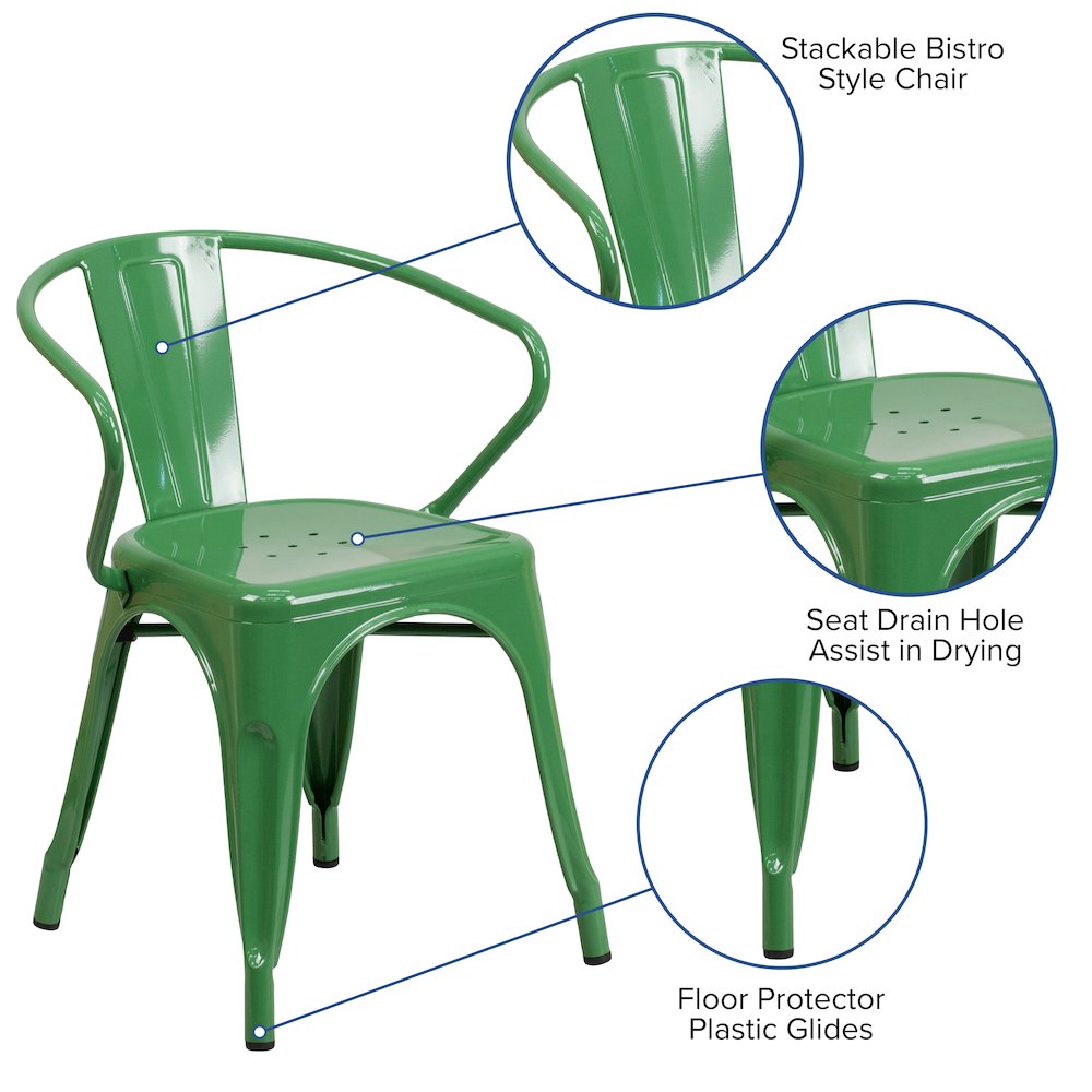 Commercial Grade Green Metal Indoor-Outdoor Chair with Arms. Picture 5