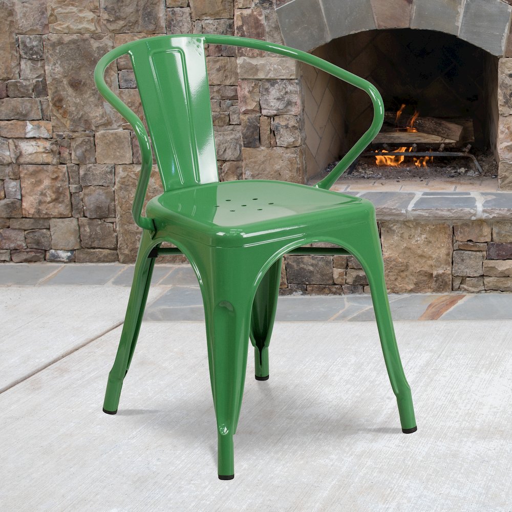 Commercial Grade Green Metal Indoor-Outdoor Chair with Arms. Picture 5