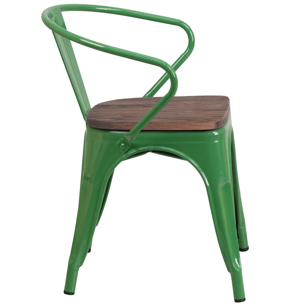 Green Metal Chair with Wood Seat and Arms. Picture 5