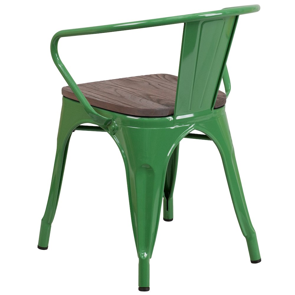 Green Metal Chair with Wood Seat and Arms. Picture 4