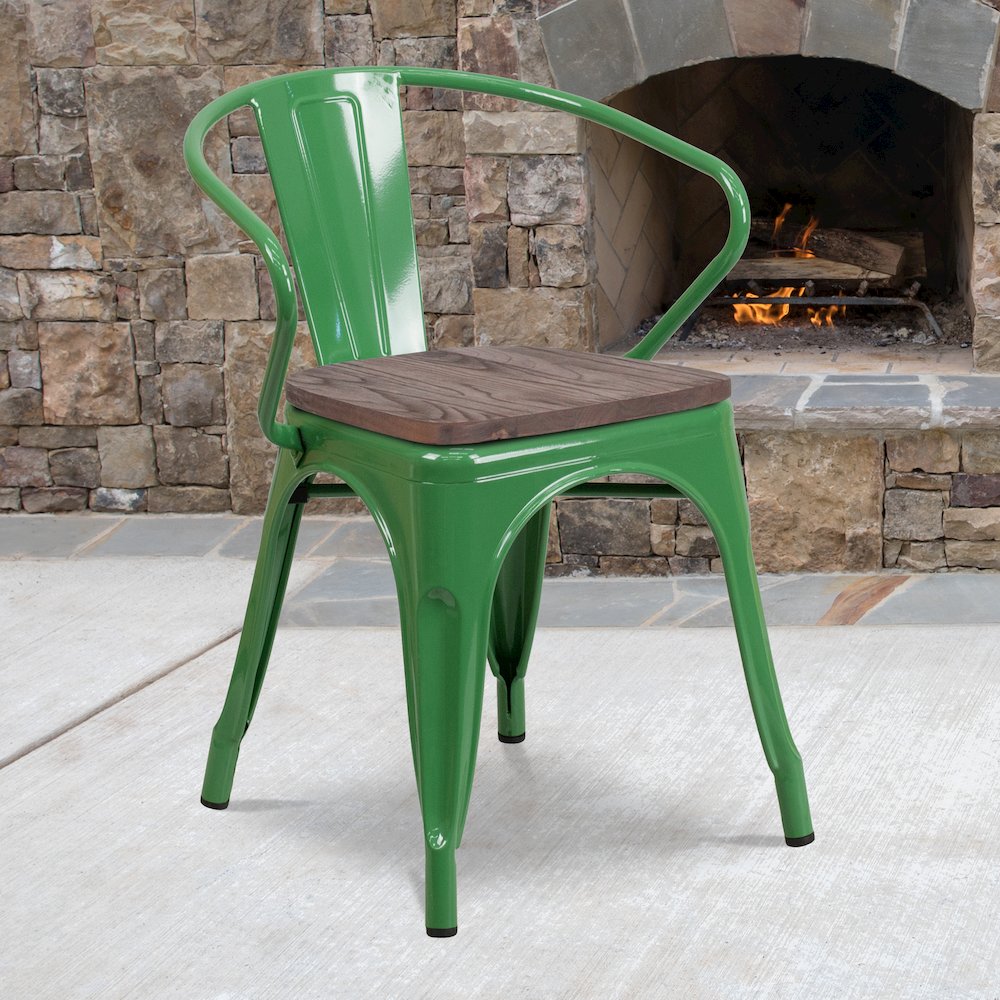 Green Metal Chair with Wood Seat and Arms. Picture 2