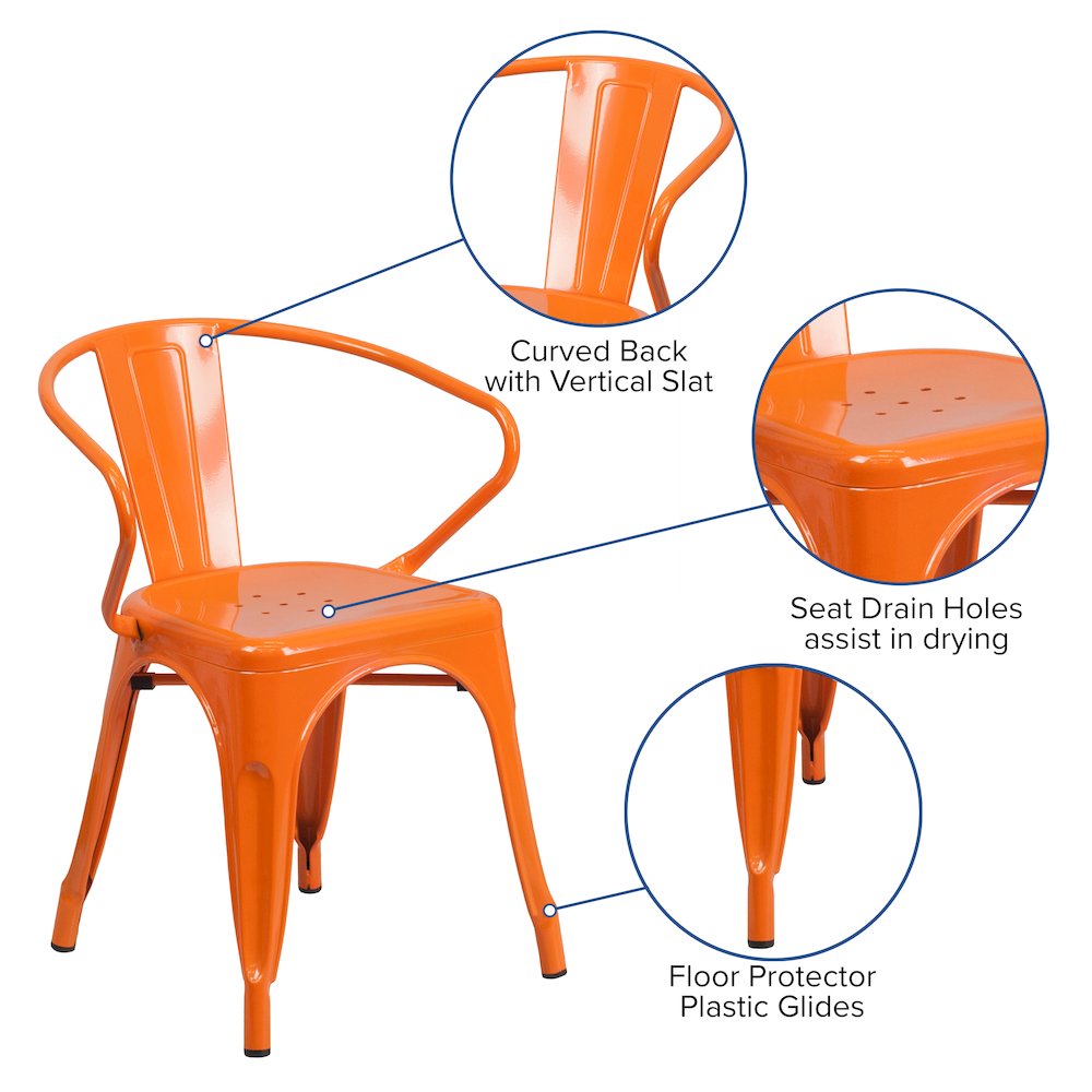 Commercial Grade Orange Metal Indoor-Outdoor Chair with Arms. Picture 5